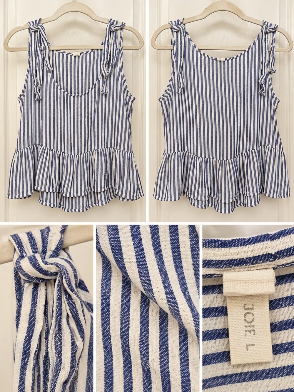 Joie Blue and White Striped Tie-Shoulder Ruffle Tank